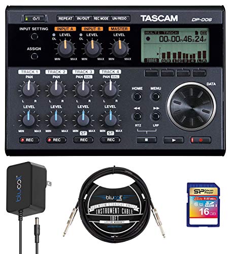 TASCAM DP-006 6-Track Digital Pocketstudio Multi-Track Audio Recorder Bundle with Blucoil 5V 1A Power Supply with US Plug AC Adapter, 16GB SDHC Memory Card, and 10' Straight Instrument Cable (1/4")