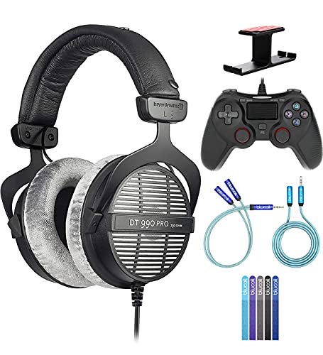 blucoil Beyerdynamic 459038 DT 990 PRO Open Studio Headphones Bundle USB Gaming Controller for Windows/Mac/PS4, Y Splitter Cable, 6' 3.5mm Extension Cable, Headphone Hook, and 5X Cable Ties