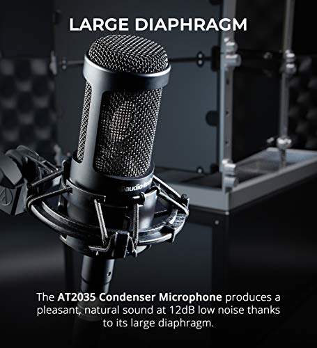 blucoil Audio Technica AT2035 Cardioid Condenser Microphone Perfect for Studio, Podcasting & Streaming, XLR Output Bundle Boom Arm Plus Pop Filter, and 2-Pack of 10-FT Balanced XLR Cables