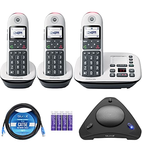 Motorola CD5013 DECT 6.0 Cordless Phone with Answering Machine, Call Block and Volume Boost, White, 3 Handsets Bundle with Blucoil 4 AAA Batteries, 10' Cat5 Cable, and USB Conference Speakerphone