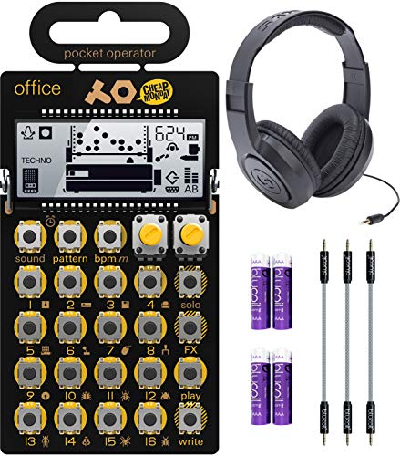 teen age engineer ing Pocket Operator PO-24 Office Percussion Drum Machine and Sequencer Bundle with Samson SR350 Over-Ear Stereo Headphones, Blucoil 3-Pack of 7" Audio AUX Cables, and 4 AAA Batteries