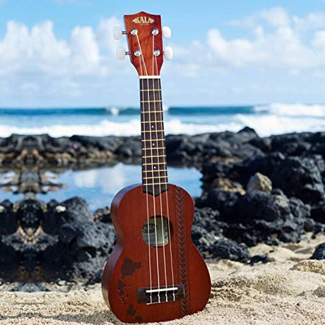 Kala Mahogany KA-15S-H2 Soprano Ukulele (Hawaiian Islands with Tattoo Band) with Aquila Super Nylgut Strings and Downloadable Kala App Bundle with Blucoil Ukulele Accessories Kit