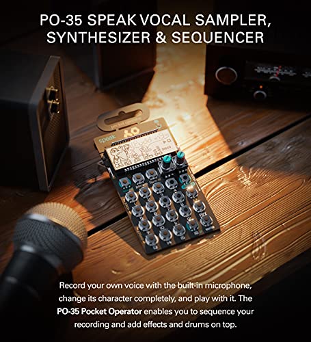 teen age engineering PO-35 Pocket Operator Speak Vocal Sampler/Sequencer Bundle with Samson SR350 Over-Ear Stereo Headphones, Blucoil 3-Pack of 7" Audio Aux Cables, and 4 AAA Batteries