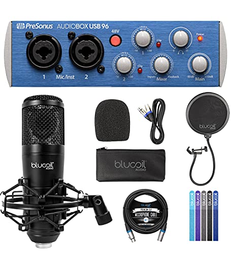 AudioBox USB 96 2x2 USB Audio Interface with Studio One Artist Bundle with Blucoil Cardioid Condenser Studio XLR Microphone, Pop Filter, 10' XLR Cable, and 5-Pack of Reusable Cable Ties