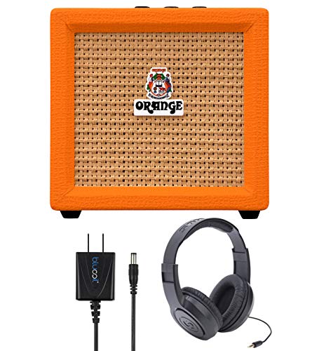 Orange Amps Crush Mini 3W Guitar Combo Amplifier (Orange) Bundle with Samson SR350 Over Ear Stereo Headphones, and Blucoil Slim 9V Power Supply AC Adapter