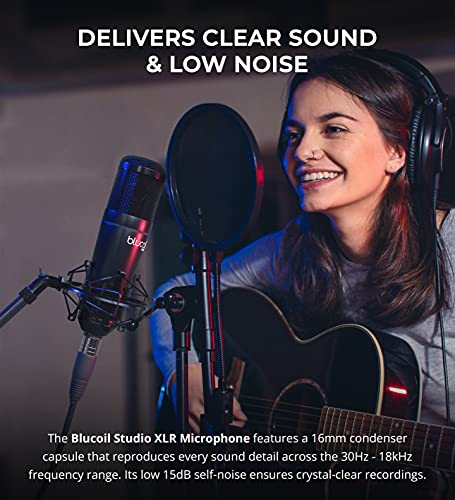 Blucoil Cardioid Condenser Studio XLR Microphone for Acoustic Guitars, Woodwind, Vocal and Music Recording on Audio Interfaces and Mixers Bundle with Adjustable Mic Stand, and Pop Filter Windscreen