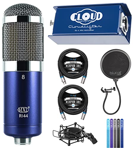 blucoil Cloud Microphones Cloud Lifter CL-1 Mic Activator Bundle with MXL R144 Ribbon Microphone with Shockmount for Vocals, Guitars, Brass, and Amps, 2X 10' XLR Cables, Pop Filter, and 5X Cable Ties