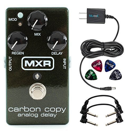 MXR M169 Carbon Copy Analog Delay Pedal Bundle with Blucoil Slim 9V 670mA Power Supply AC Adapter, 2-Pack of Pedal Patch Cables, and 4-Pack of Celluloid Guitar Picks
