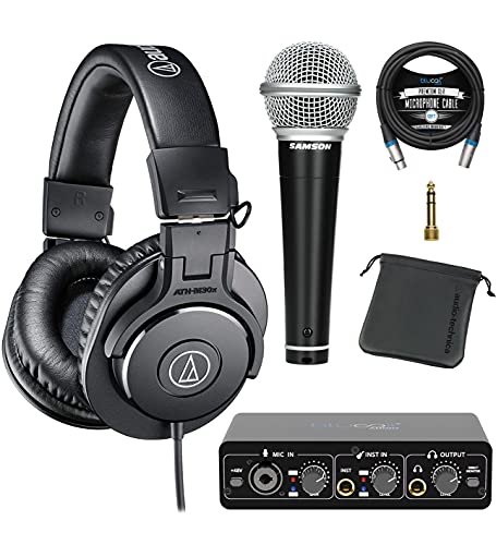 blucoil Audio Technica ATH-M30x Professional Studio Monitor Headphones (Black) Bundle Portable USB Audio Interface for Windows & Mac, 10' XLR Cable, and Samson R21S Dynamic Microphone