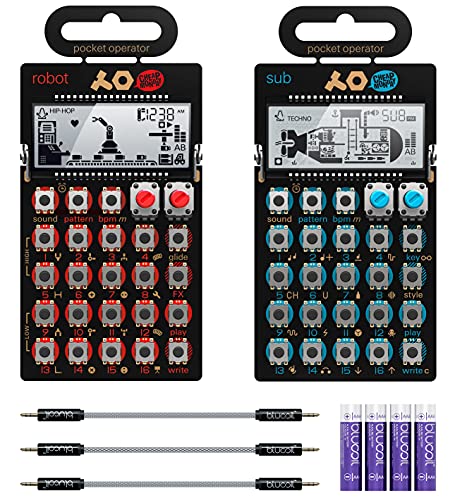 teen age engineering Pocket Operator PO-28 Robot Live Performance Synthesizer and Sequencer Bundle with PO-14 Sub Bass Synthesizer, Blucoil 4 AAA Batteries, and 3-Pack of 7" Audio AUX Cables