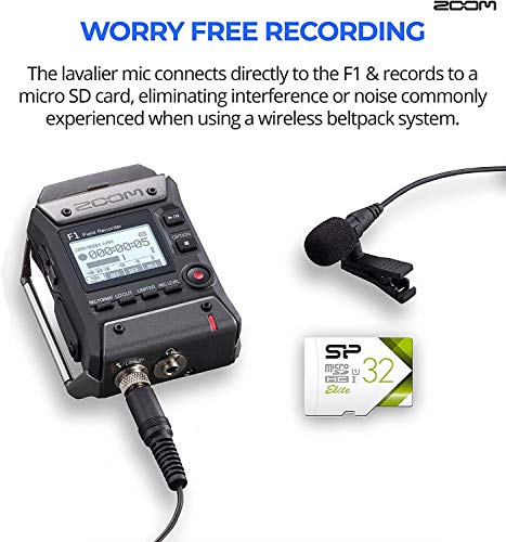 Zoom F1-LP Multitrack Recorder with Lavalier Microphone Bundle with 32GB microSDHC Memory Card with Adapter, Wired Lavalier Microphone, and Blucoil 4 AAA Batteries