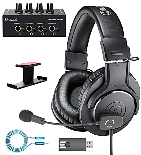 blucoil ATH-M20X Professional Studio Monitor Headphones, Black Bundle with Audio ModMic Wireless, 6' 3.5mm Audio Extension Cable, Headphone Amp, and Aluminum Headphone Hook