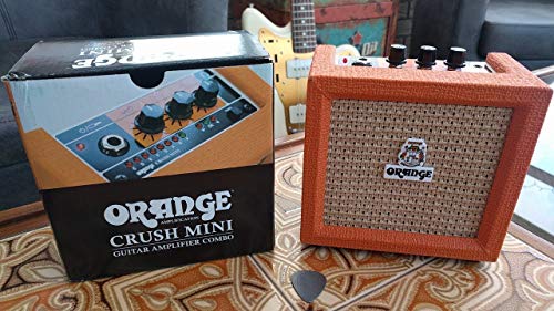 Orange Amps Crush Mini 3W Guitar Combo Amplifier Bundle with Blucoil Slim 9V Power Supply AC Adapter, 10' Straight Instrument Cable (1/4"), 2-Pack of Pedal Patch Cables, and 4x Guitar Picks