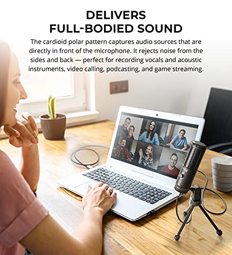 blucoil USB Cardioid Condenser Microphone with Built-in Headphone Jack, Volume Control, Mute Button for Windows, Mac, Linux, and Chrome Bundle with 1080p USB Webcam, 6" Ring Light, and USB-A Mini Hub