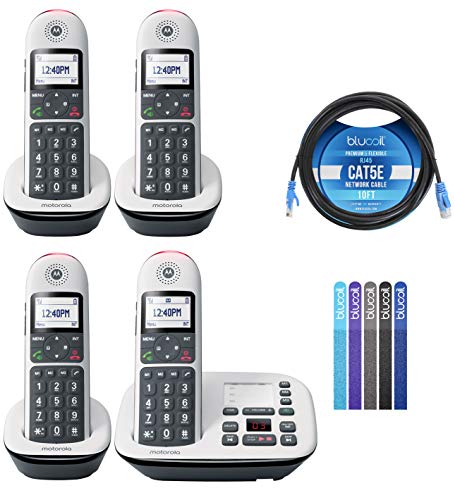 Motorola CD5014 DECT 6.0 Cordless Phone with Digital Answering Machine, Call Block, and 10dB Amplification (4-Pack) Bundle with Blucoil 10-FT 1 Gbps Cat5e Cable, and Reusable Cable Ties (5-Pack)