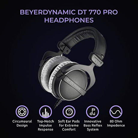 blucoil Beyerdynamic DT 770 PRO 80 Ohm Over-Ear Studio Headphones for Computers, Audio Interfaces, Professional Studio Mixers Bundle 4-Channel Headphone Amplifier, and 6' 3.5mm Extension Cable