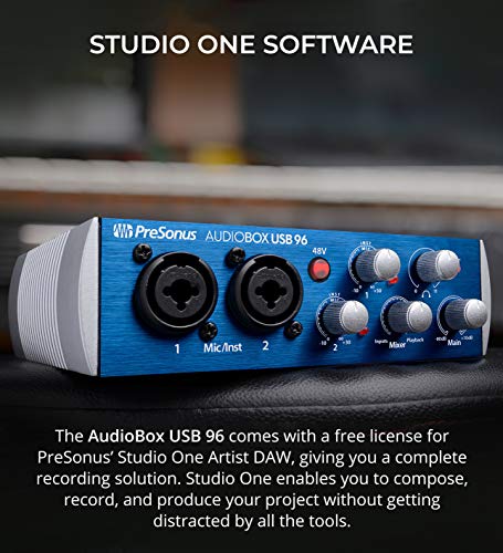 AudioBox USB 96 2x2 USB Audio Interface with Studio One Artist Bundle with Blucoil Cardioid Condenser Studio XLR Microphone, Pop Filter, 10' XLR Cable, and 5-Pack of Reusable Cable Ties