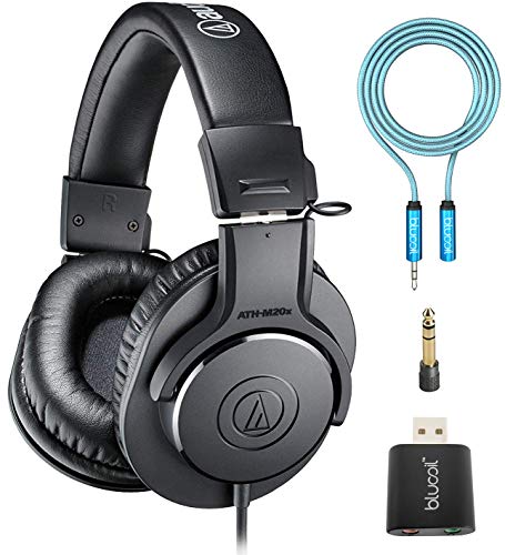 blucoil Audio Technica ATH-M20x Professional Studio Monitor Headphones, Black Bundle 6-FT Headphone Extension Cable (3.5mm), and USB Audio Adapter