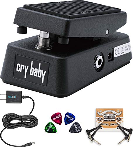 Dunlop CBM95 Cry Baby Mini Wah Pedal Bundle with Blucoil Slim 9V 670ma Power Supply AC Adapter, 2-Pack of Pedal Patch Cables, and 4-Pack of Celluloid Guitar Picks