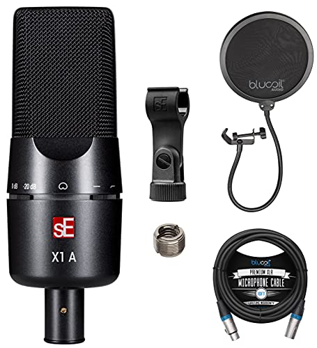 blucoil sE Electronics - X1 Series Large-Diaphragm Condenser Microphone for Vocals, Acoustic Guitar, Electric Guitars and Percussion Bundle Pop Filter Windscreen, and 10-FT Balanced XLR Cable