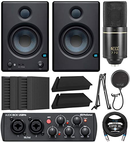 PreSonus Eris E4.5 BT Bluetooth Studio Monitors Bundle with AudioBox USB 96 Audio Interface, MXL 770 Mic, Blucoil 2X Isolation Pads, Boom Arm Plus Pop Filter, 4X 12 Acoustic Wedges, and 10' XLR Cable
