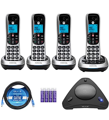 Moto rola CD4014 DECT 6.0 Cordless Phone with Answering Machine and Call Block, Silver/Black, 4 Handsets Bundle with Blucoil 4 AAA Batteries, 10' Cat5e Cable, and USB Conference Speakerphone