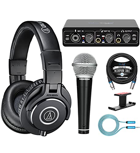 blucoil Audio Technica ATH-M40x Professional Studio Monitor Headphone Bundle Portable USB Audio Interface, 6' 3.5mm Extension Cable, Headphone Hook, 10' XLR Cable, and Samson R21S Microphone