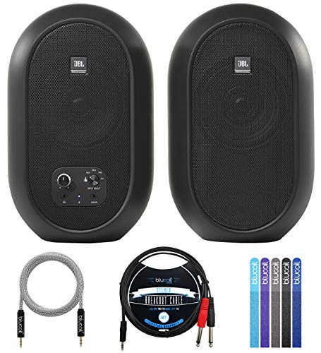 JBL Professional 1 Series 104-BT Compact Reference Monitors with Bluetooth (Pair) Bundle with Blucoil 5-FT 3.5mm TRS to Dual 1/4" TS Male Audio Cable, 5-FT Audio Cable and 5X of Reusable Cable Ties