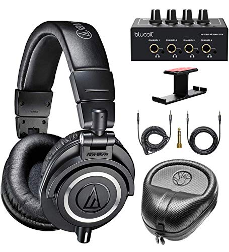 Audio-Technica ATH-M50x Professional Studio Monitor Headphones (Black) Bundle with Blucoil 4-Channel Headphone Amplifier, Aluminum Headphone Hook, and Slappa Full-Sized HardBody Pro Headphone Case