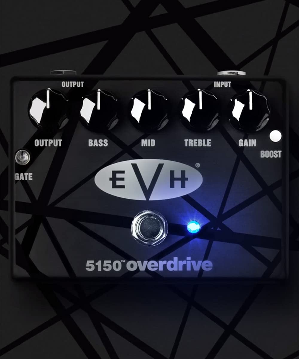 MXR EVH 5150 Overdrive Pedal with 3 Band EQ Bundle with Blucoil Slim 9V Power Supply AC Adapter, 2-Pack of Pedal Patch Cables, and 4-Pack of Celluloid Guitar Picks