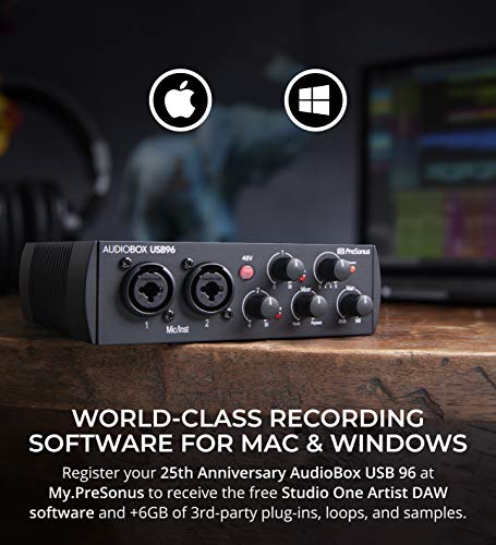 PreSonus AudioBox USB 96 25th Anniversary Audio Interface for Windows and Mac Bundle with Samson MediaOne M30 Studio Monitors, Blucoil 2x Isolation Pads, 5' Aux Cable, and 4x 12" Acoustic Wedges