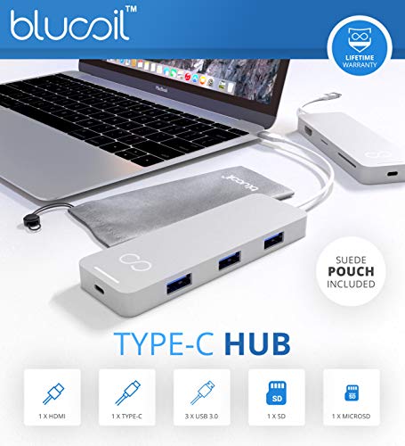 Blucoil USB Type-C Hub 7-in-1 USB C Adapter with 4K HDMI, MicroSD/SD Card Reader, 3X USB 3.0 and USB-C Pass-Through Charging Ports Compatible with MacBook, Chromebook, Mac, Windows, and More (Grey)