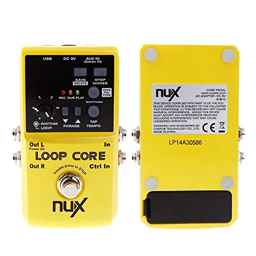 NUX Loop Core Looper Effects Pedal with Tap Tempo Bundle with Blucoil Slim 9V 670ma Power Supply AC Adapter, 2-Pack of Pedal Patch Cables, and 4-Pack of Celluloid Guitar Picks