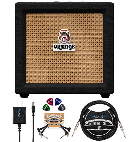 Orange Amps Crush Mini 3W Guitar Combo Amplifier (Black) Bundle with Blucoil Slim 9V Power Supply AC Adapter, 10' Straight Instrument Cable (1/4"), 2-Pack of Pedal Patch Cables, and 4X Guitar Picks