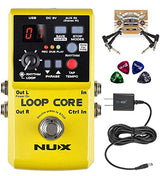 NUX Loop Core Looper Effects Pedal with Tap Tempo Bundle with Blucoil Slim 9V 670ma Power Supply AC Adapter, 2-Pack of Pedal Patch Cables, and 4-Pack of Celluloid Guitar Picks