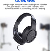 Samson Go Mic Mobile Professional Lavalier Wireless System Bundle with Table Top Camera Tripod, SR350 Over Ear Stereo Headphones, and Blucoil 4 AA Batteries