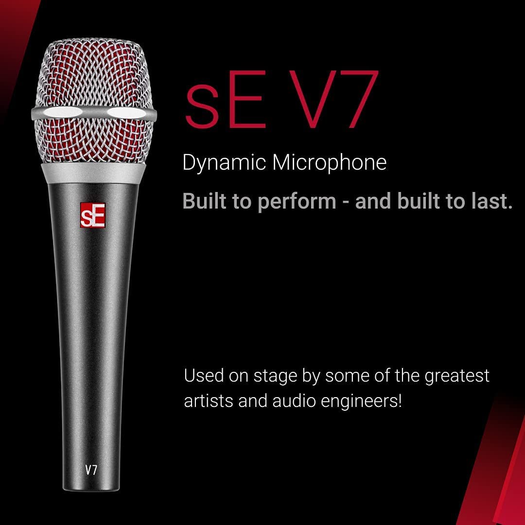 SE Electronics V7 Supercardioid Dynamic Microphone for Vocals, Broadcasting, Electric Guitars, Drums Bundle with Blucoil 20' XLR Cable, Pop Filter, Adjustable Mic Stand, and 4X 12 Acoustic Wedges