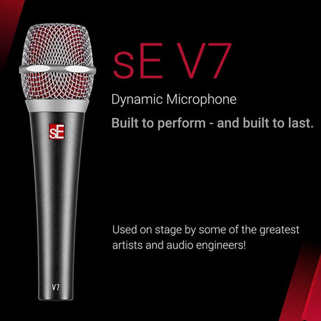SE Electronics V7 Supercardioid Dynamic Microphone for Vocals, Broadcasting, Electric Guitars, Drums Bundle with Blucoil 20' XLR Cable, Pop Filter, Adjustable Mic Stand, and 4X 12 Acoustic Wedges