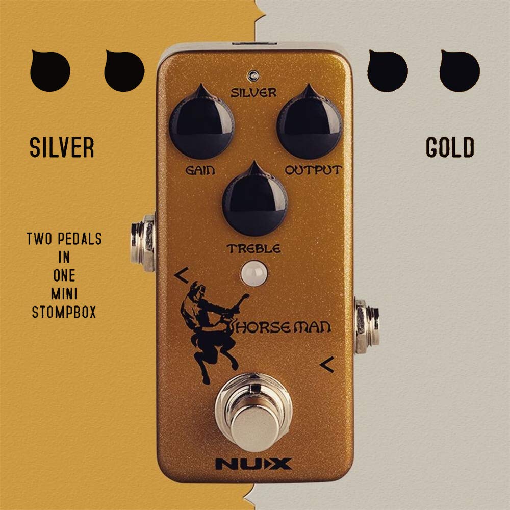 NUX Horseman Overdrive Guitar Effect Pedal with Gold and Silver Modes Bundle with Blucoil Slim 9V Power Supply AC Adapter, 2-Pack of Pedal Patch Cables, and 4-Pack of Celluloid Guitar Picks