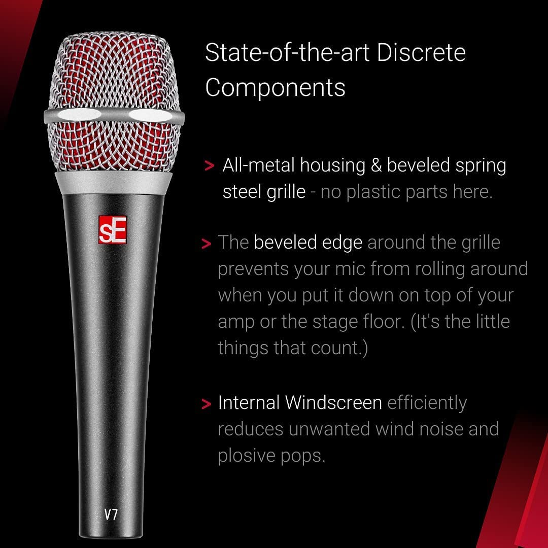 SE Electronics V7 Supercardioid Dynamic Microphone for Vocals, Broadcasting, Electric Guitars, Drums Bundle with Blucoil 20' XLR Cable, Pop Filter, Adjustable Mic Stand, and 4X 12 Acoustic Wedges