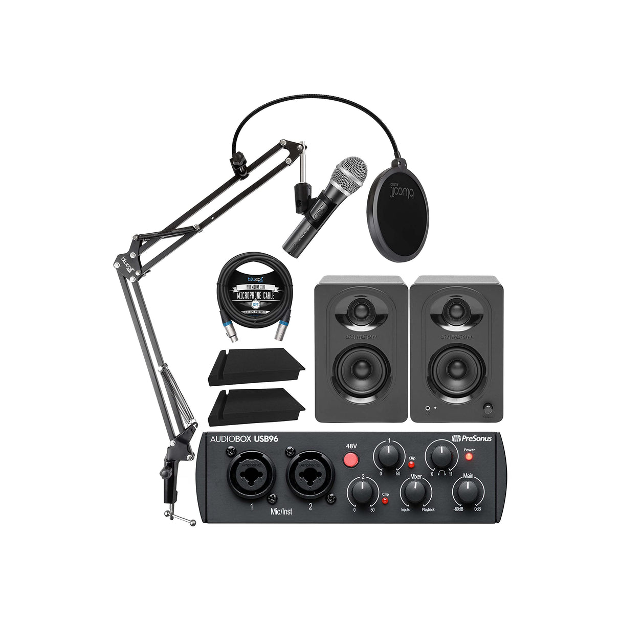 PreSonus AudioBox USB 96 25th Anniversary Audio Interface Bundle with Audio-Technica ATR2100X-USB Microphone, MediaOne M30 Monitors, Blucoil Boom Arm Plus Pop Filter, 2x Isolation Pads & 10' XLR Cable