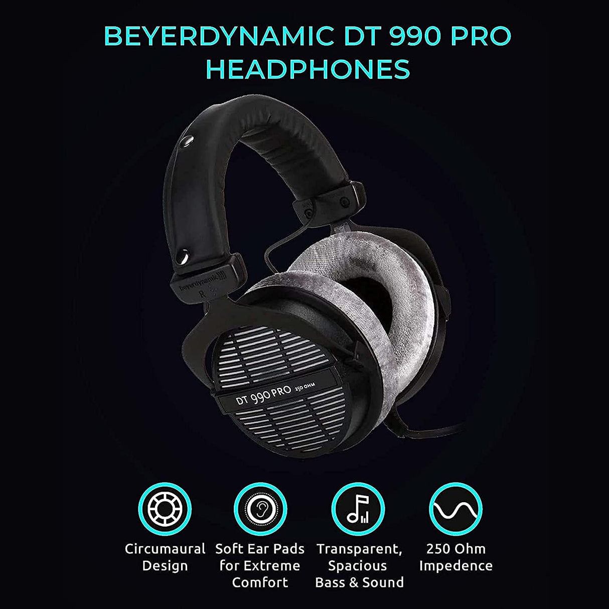 blucoil Beyerdynamic DT 990 PRO 250 Ohm Open Studio Headphones for Professional Studio Mixing Consoles and Audio Interfaces Bundle 4-Channel Headphone Amplifier, and 6' 3.5mm Extension Cable