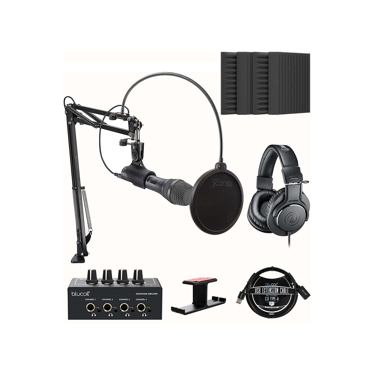 Audio-Technica AT2005USBPK Vocal Microphone Pack for Streaming/Podcasting Bundle with Blucoil 4X 12 Acoustic Wedges, Headphone Amp, 3' USB Extension Cable, Pop Filter, and Aluminum Headphone Hook