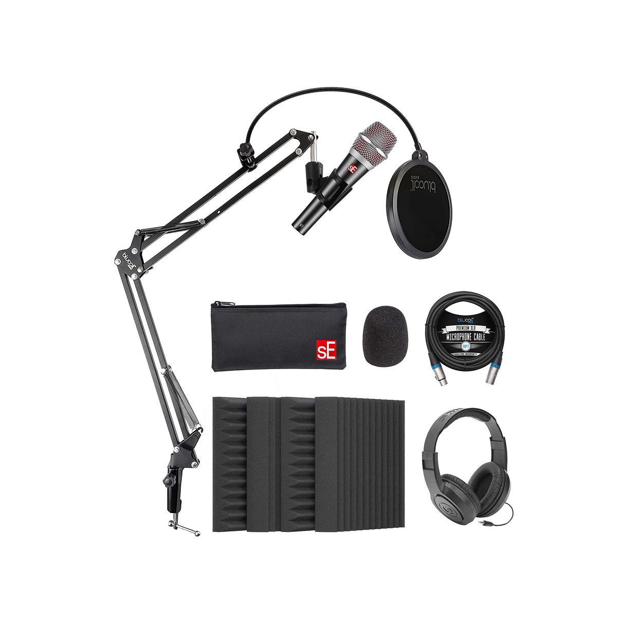 SE Electronics V7 SStudio Grade Handheld Microphone Supercardioid Bundle with Blucoil 4X 12 Acoustic Wedges, 10' XLR Cable, Boom Arm Plus Pop Filter, and Samson SR350 Over-Ear Stereo Headphones