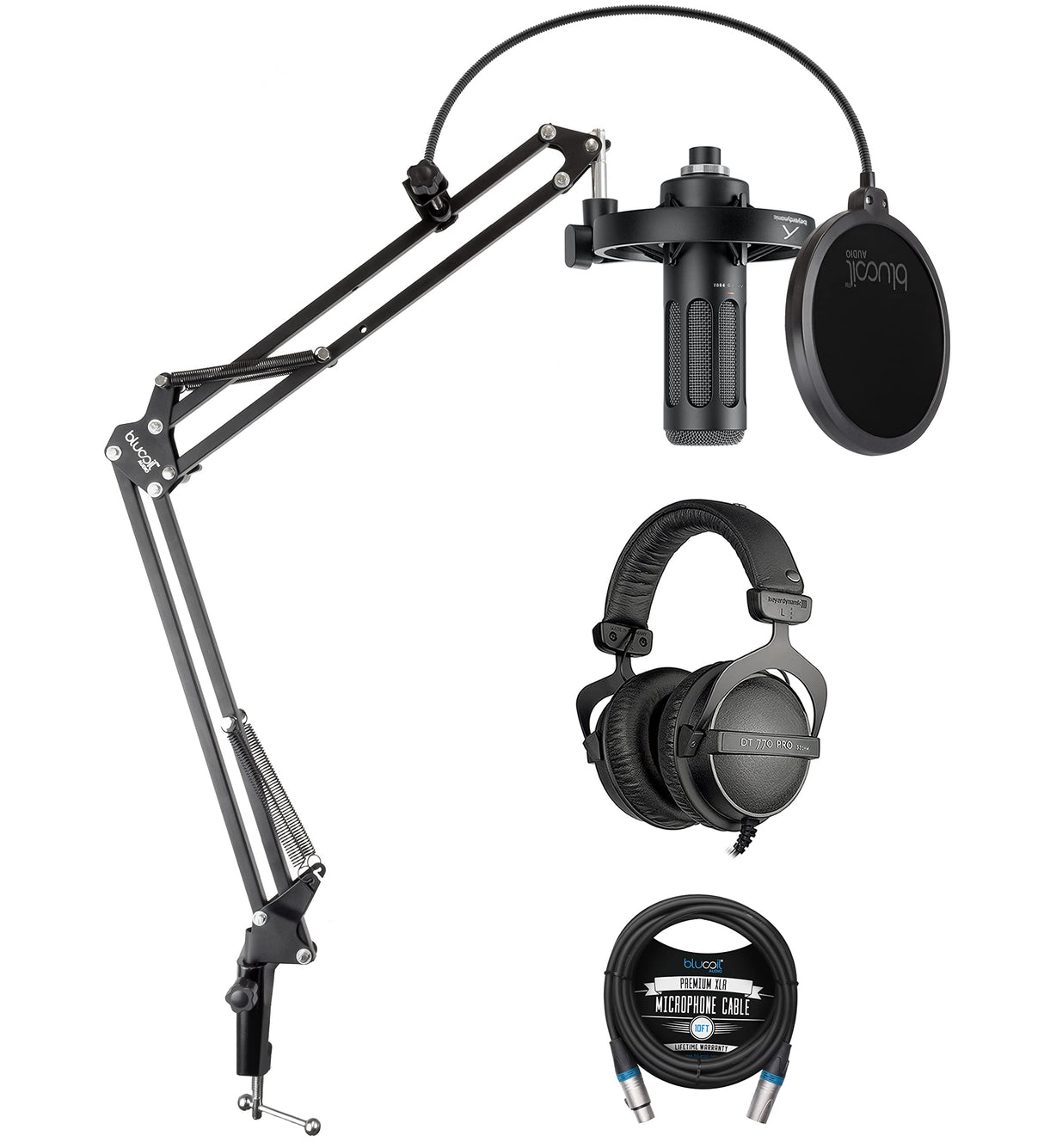 blucoil Beyerdynamic PRO X M70 Professional Front-Addressed Dynamic Microphone with Storage Bag Bundle with DT 770 PRO 32 Ohm Over-Ear Studio Headphones, 10' XLR Cable, and Boom Arm Plus Pop Filter