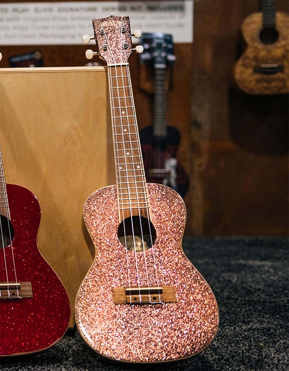 Kala KA-SPRK-PINK Sparkle Pink Champagne Concert Ukulele with Walnut Fretboard and Aquila Super Nylgut Strings Bundle with Blucoil Ukulele Accessories Kit