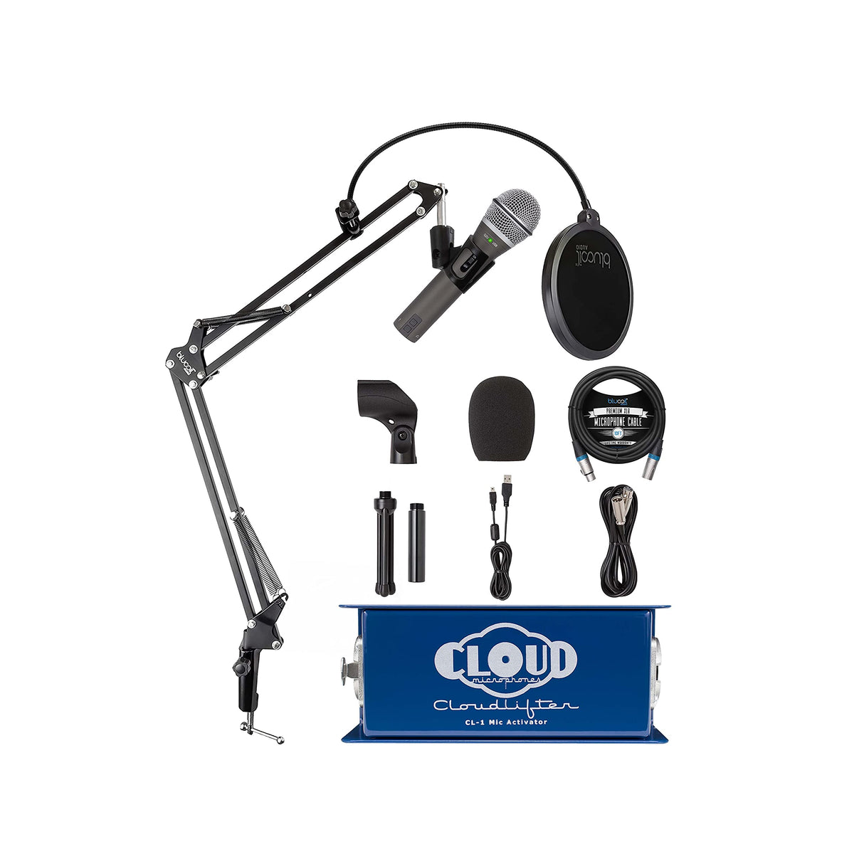 Cloud Microphones CL-1 Cloud ifter 1 Channel Mic Activator Bundle with SamsonQ2U USB/XLR Dynamic Microphone for Recording and Podcasting Blucoil Boom Arm Plus Pop Filter, and 10-FT Balanced XLR Cable