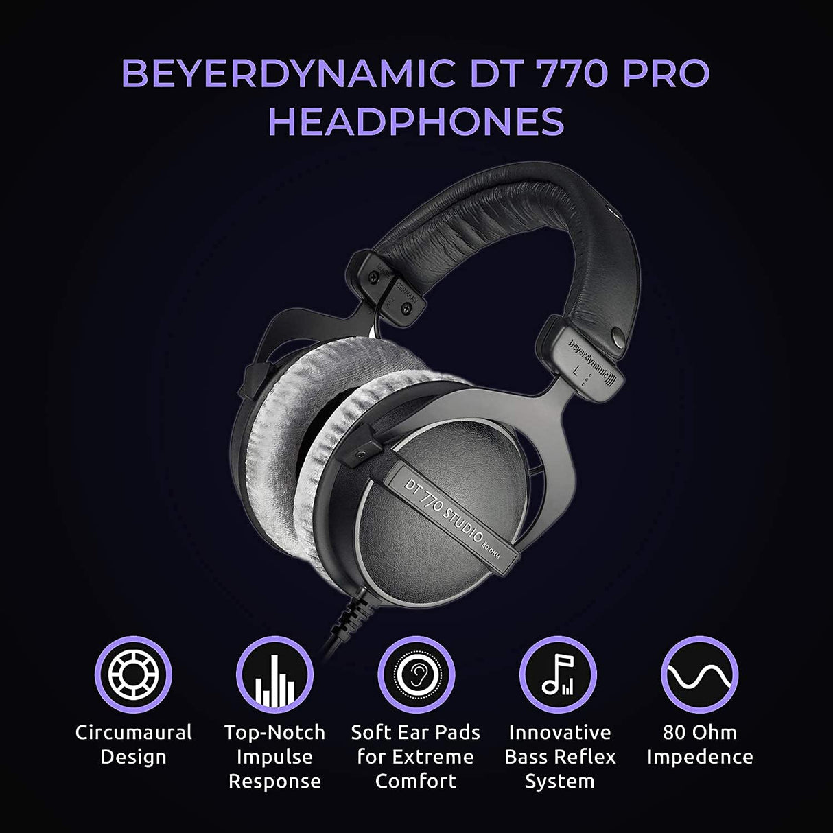 blucoil Beyerdynamics DT 770 PRO 80 Ohm Over-Ear Studio Headphones in Gray Bundle with Antlion Audio ModMic Wireless Attachable Boom Microphone Compatible with PC 6' 3.5mm Extension Cable