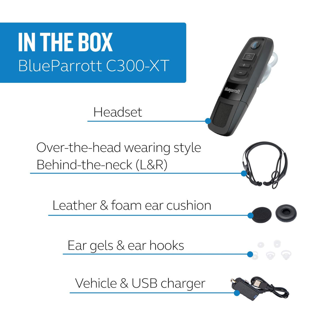 BlueParrott C300-XT Noise Canceling Bluetooth Headset - Hands-Free Wireless Headset for iOS and Android Bundle with 3-FT USB 2.0 Type-A Extension Cable