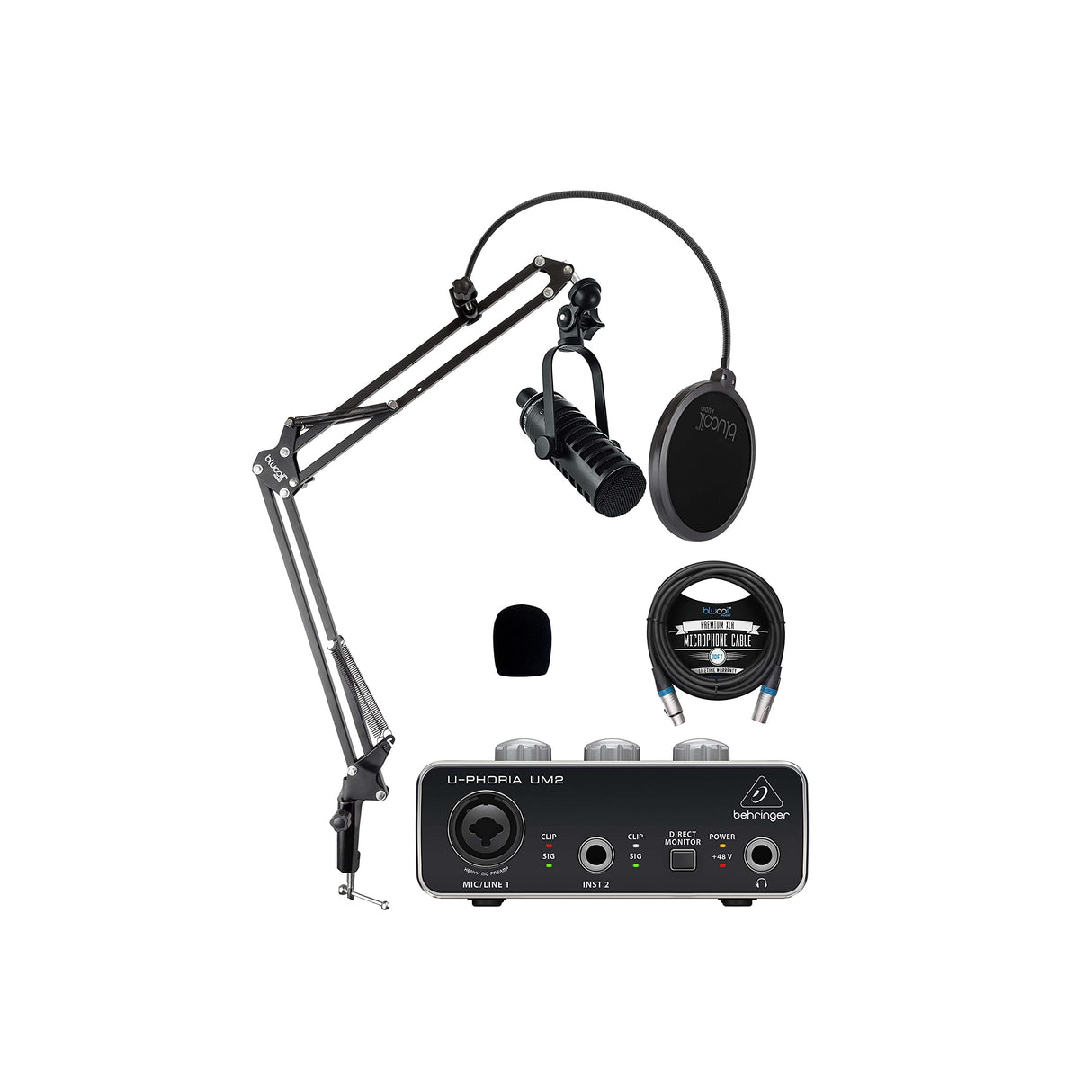 MXL BCD-1 Dynamic Mic for Podcasting and Vocal Recording Bundle with Behringer U-PHORIA UM2 USB Audio Interface for Windows and Mac, Blucoil 10-FT Balanced XLR Cable and Boom Arm Plus Pop Filter